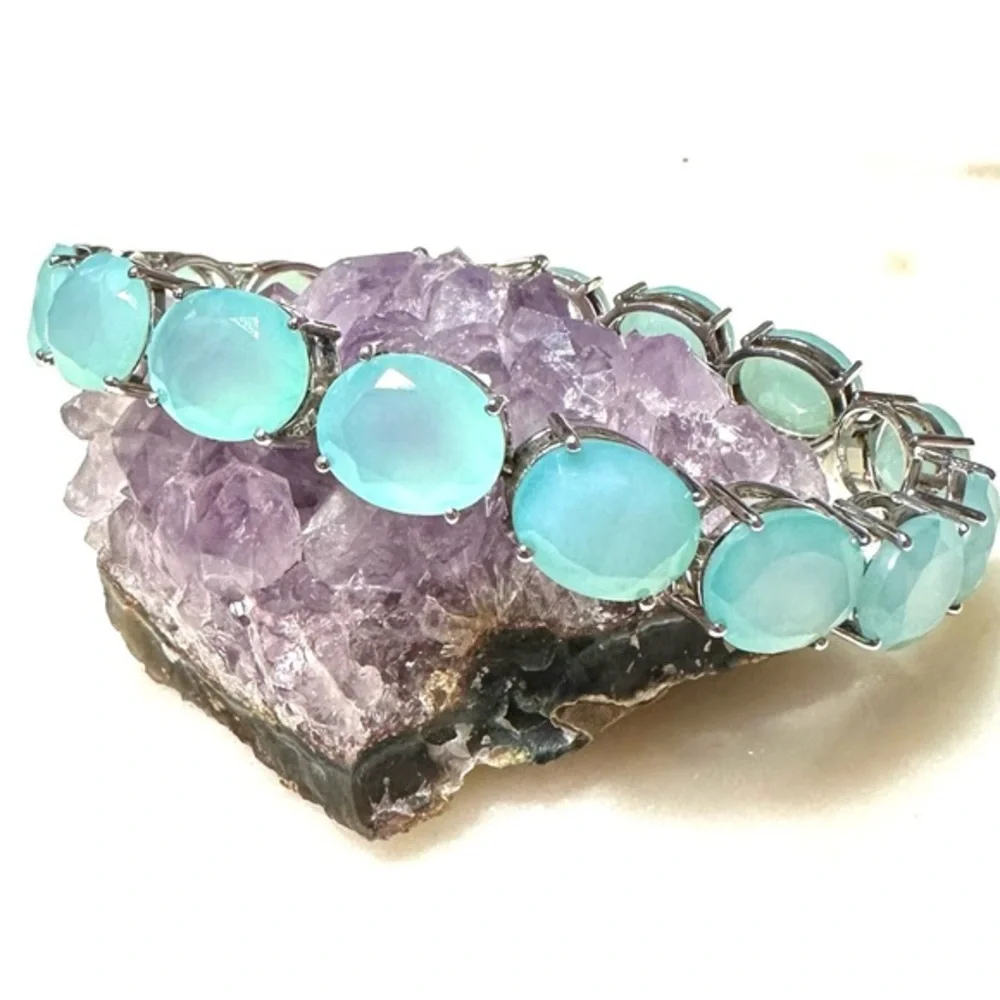 Oval Faceted Aqua Blue Chalcedony Sterling Silver Line Tennis Bracelet 12mm
